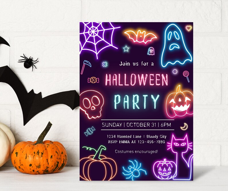 May include: A Halloween party invitation with neon-style graphics on a dark purple background. The design includes a spiderweb, bat, ghost, pumpkin, and the text "Halloween Party". The invitation also includes the date, time, and address.