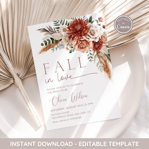 Fall in Love Bridal Shower Invitation, Autumn Floral Bridal Shower Invite Template, Boho Fall Bridal Shower Invitation, Terracotta Orange