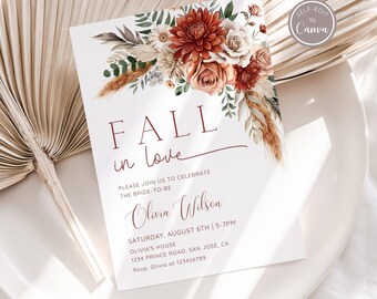 Zaproszenie na wieczór panieński Fall in Love, szablon zaproszenia na wieczór panieński Autumn Floral, zaproszenie na wieczór panieński Boho Fall, pomarańczowa terakota