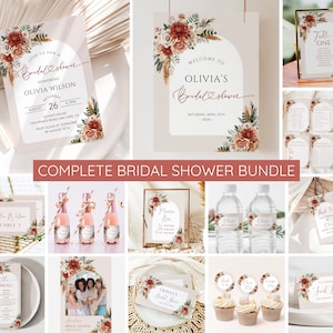 Fall Bridal Shower Invitation Bundle, Arch Boho Autumn Floral Bridal Shower Invite, Fall in Love, Terracotta Bohemian, Games Welcome Sign