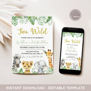 Editable Two Wild Invitation, Safari Birthday Party Invite, Jungle Animal Invitation, 2nd Birthday Invitation, Printable, Canva Template