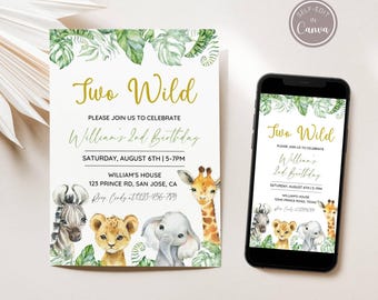 Editable Two Wild Invitation, Safari Birthday Party Invite, Jungle Animal Invitation, 2nd Birthday Invitation, Printable, Canva Template