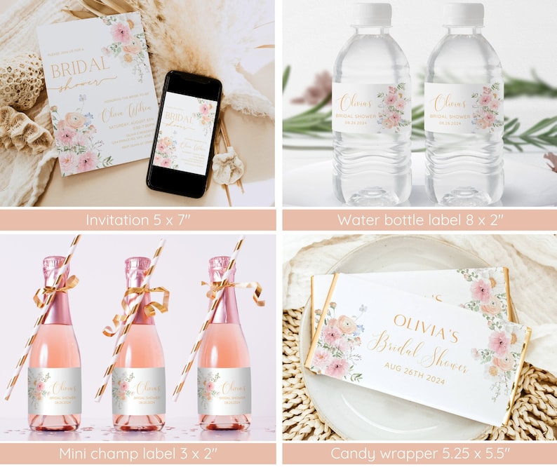 Op de afbeelding: Een set bedrukbare bruidsdouche-decoraties met een bloemenontwerp met roze en perzikkleurige bloemen. De set bevat een uitnodiging, etiketten voor waterflessen, etiketten voor mini-champagneflessen en snoepverpakkingen. De tekst op de uitnodiging luidt "Olivia's Bridal Shower Aug 26th 2024".