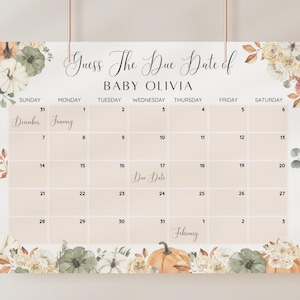 Calendario editable de fechas de parto para baby shower de Little Pumpkin, juego de baby shower de otoño, adivina el cumpleaños del bebé, predicción del bebé, juego de fecha de parto