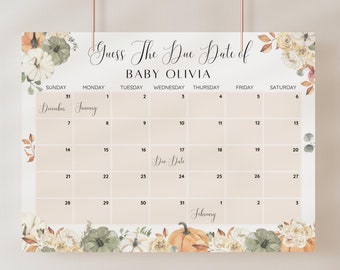Op de afbeelding: Een kalender met de tekst "Guess The Due Date of BABY OLIVIA" en een kalenderraster. De kalender is versierd met bloemen- en pompoenillustraties in tinten wit, groen, oranje en bruin. De vervaldatum is gemarkeerd op de 17e.