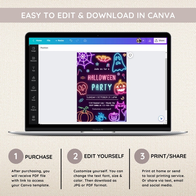 May include: A laptop displays a Halloween party invitation template with neon-style graphics. The invitation includes a skull, pumpkin, and ghost. The text reads "HALLOWEEN PARTY" and "Join us for a". Instructions for purchase, editing, and printing are shown below.