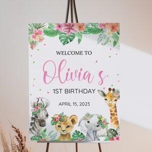 Placa de boas-vindas do primeiro aniversário do Wild One, Placa de boas-vindas do Wild One, Primeiro aniversário do bebê, Placa de boas-vindas do primeiro aniversário do animal do safári, Menina, Editável
