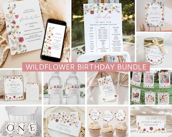 May include: A set of printable party decorations for a first birthday with a wildflower theme. The set includes invitations, a welcome sign, a time capsule, water bottle labels, cupcake toppers, food labels, and a banner with photo frames. The decorations feature watercolor illustrations of wildflowers in shades of pink, purple, and yellow.