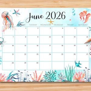 Calendrier juin 2026 modifiable | Agenda mensuel PDF imprimable | Organiseur pour l'école, le travail, le bureau et la maison | Téléchargement instantané