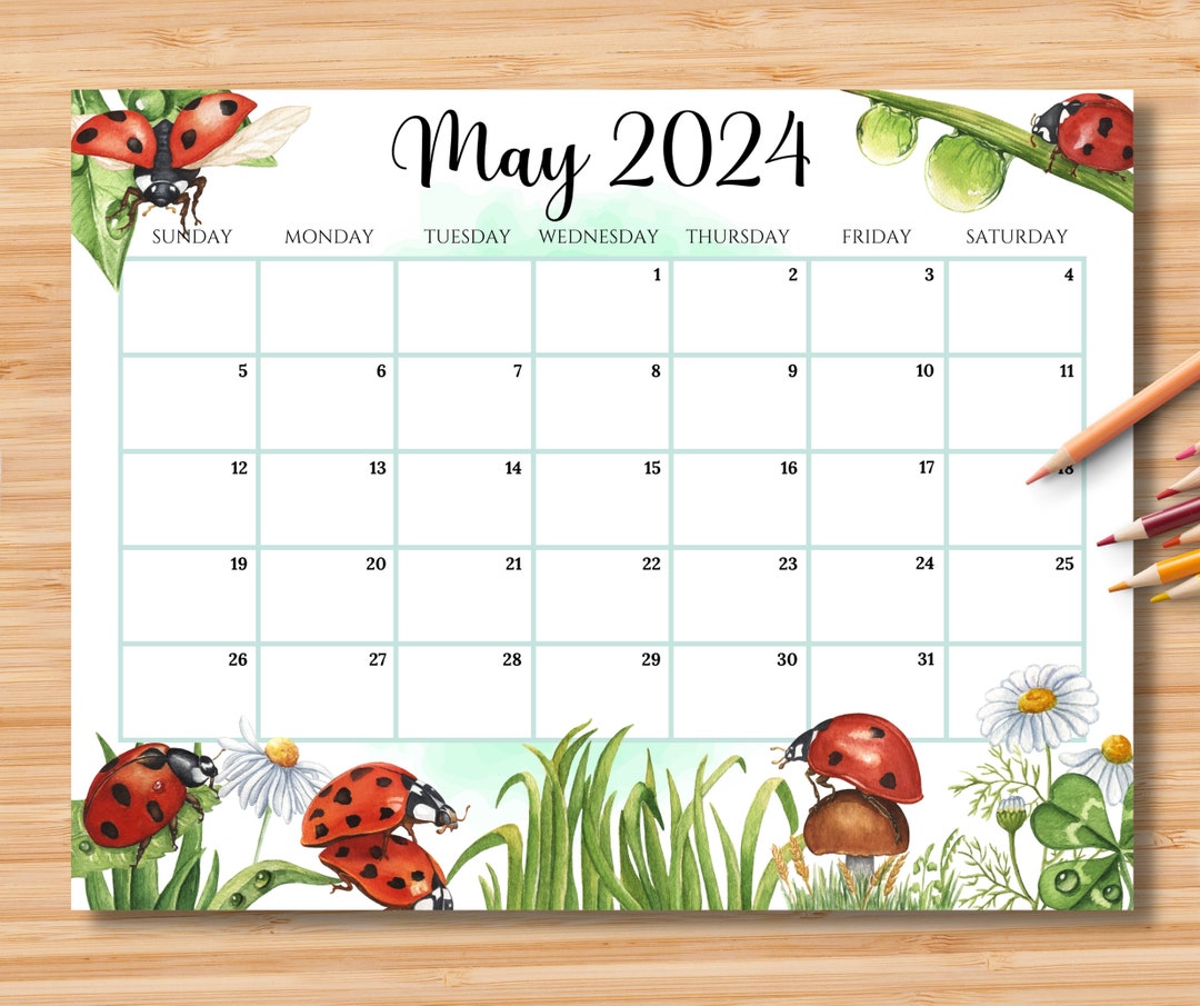 EDITABLE May 2024 Calendar, Beautiful Spring With Cute Bugs and Flowers