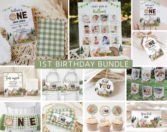 One Happy Camper First Birthday Bundle, Camping Birthday Invitation Template, Camper Party 1st Birthday Boy, Welcome, Milestone, EDITABLE