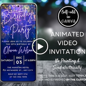 Video Navy Blue Birthday Party Invitation with Glitter Confetti, Any Age Birthday Party Invite, Digital Phone Invitation, Canva Template