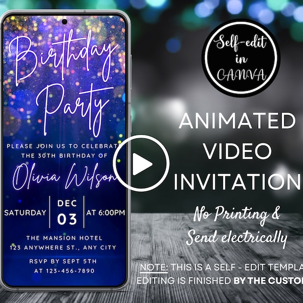 Video Navy Blue Birthday Party Invitation with Glitter Confetti, Any Age Birthday Party Invite, Digital Phone Invitation, Canva Template