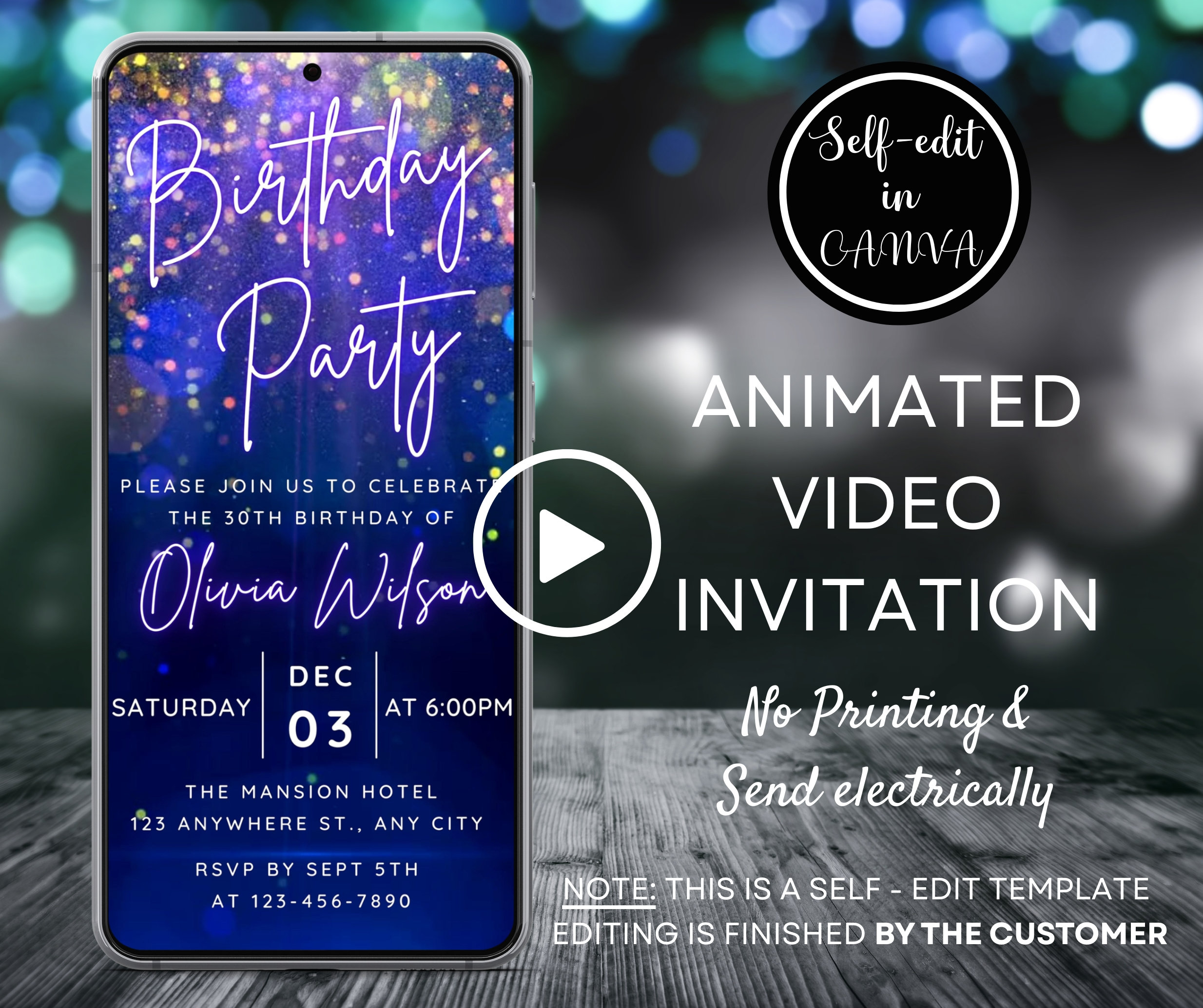 Invitación a fiesta de cumpleaños en azul marino con confeti brillante,  invitación a fiesta de cumpleaños para cualquier edad, invitación digital  para teléfono, plantilla Canva - Etsy México, image size:2468x2069