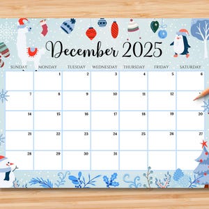 EDITABLE December 2025 Calendar, Beautiful Christmas w/Cute Penguin Snowman, Printable Monthly Planner for Kids School Home Work Office