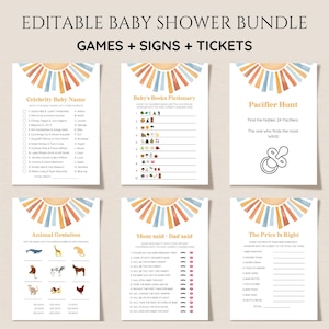 Pode incluir: Um conjunto de jogos de chá de bebê imprimíveis com um tema boho. Os jogos incluem "Celebrity Baby Name", "Baby's Books Pictionary", "Pacifier Hunt", "Animal Gestation", "Mom Said - Dad Said" e "The Price is Right".