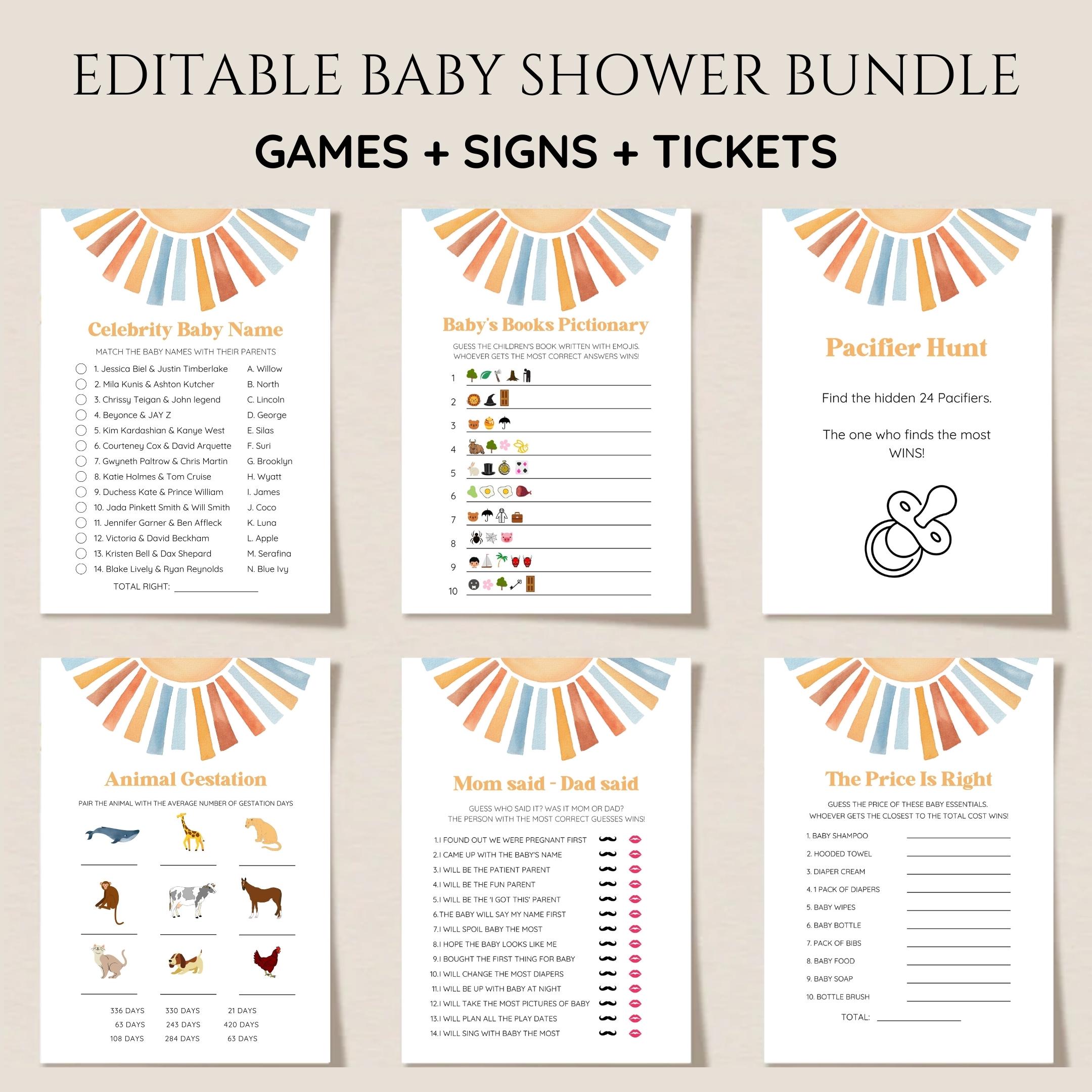 Sunshine Baby Shower Game Bundle, Here Comes the Son Game, Boy Baby Shower Activities, Printable Editable Baby Shower Game, Instant Download