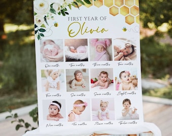 Bee Birthday Photo Poster, Floral Bee Poster Template, Honey Bee 1st Birthday Picture, Birthday Decor, Girl Birthday, EDITABLE Template