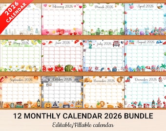 EDITABLE 2026 Monthly Calendar Bundle | Cute Printable Planner for Work & School | Minimalist Monthly Schedule PDF | Instant Download