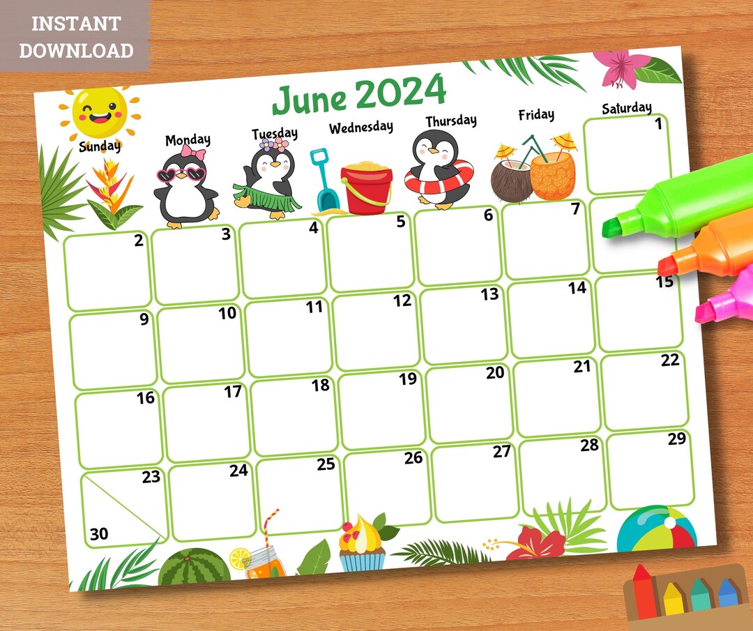 EDITABLE June 2024 Calendar, Printable Kids Calendar 2024, Classroom ...