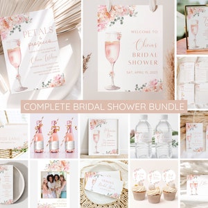 Lot d'invitations nuptiales pétales et prosecco, modèle de douche nuptiale floral rose blush, plaque de bienvenue, pack de jeux, modifiable, imprimable