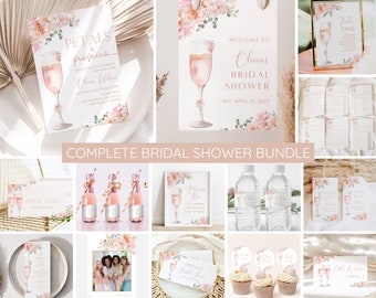 May include: A complete bridal shower bundle featuring pink and gold floral designs. The bundle includes invitations, food labels, water bottle labels, favour tags, cupcake toppers, and a welcome sign. The text on the welcome sign reads "Welcome to Olivia's Bridal Shower, Sat, April 15, 2025".