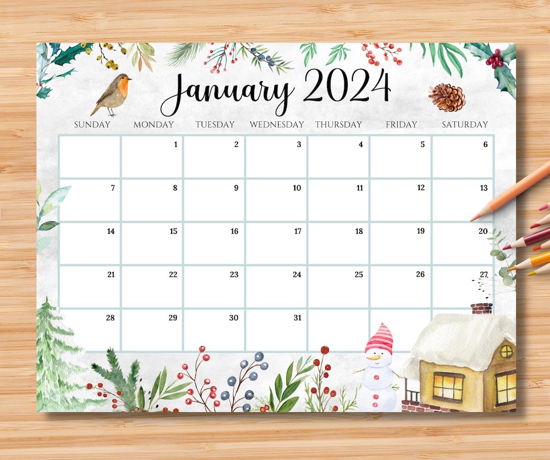 EDITABLE January 2024 Calendar Beautiful Winter in a Garden Etsy