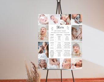 EDITABLE First Birthday Milestone Sign, Modern 1st Birthday Milestone Poster, Minimalist One Year Photo Baby Milestone Board, Canva Template
