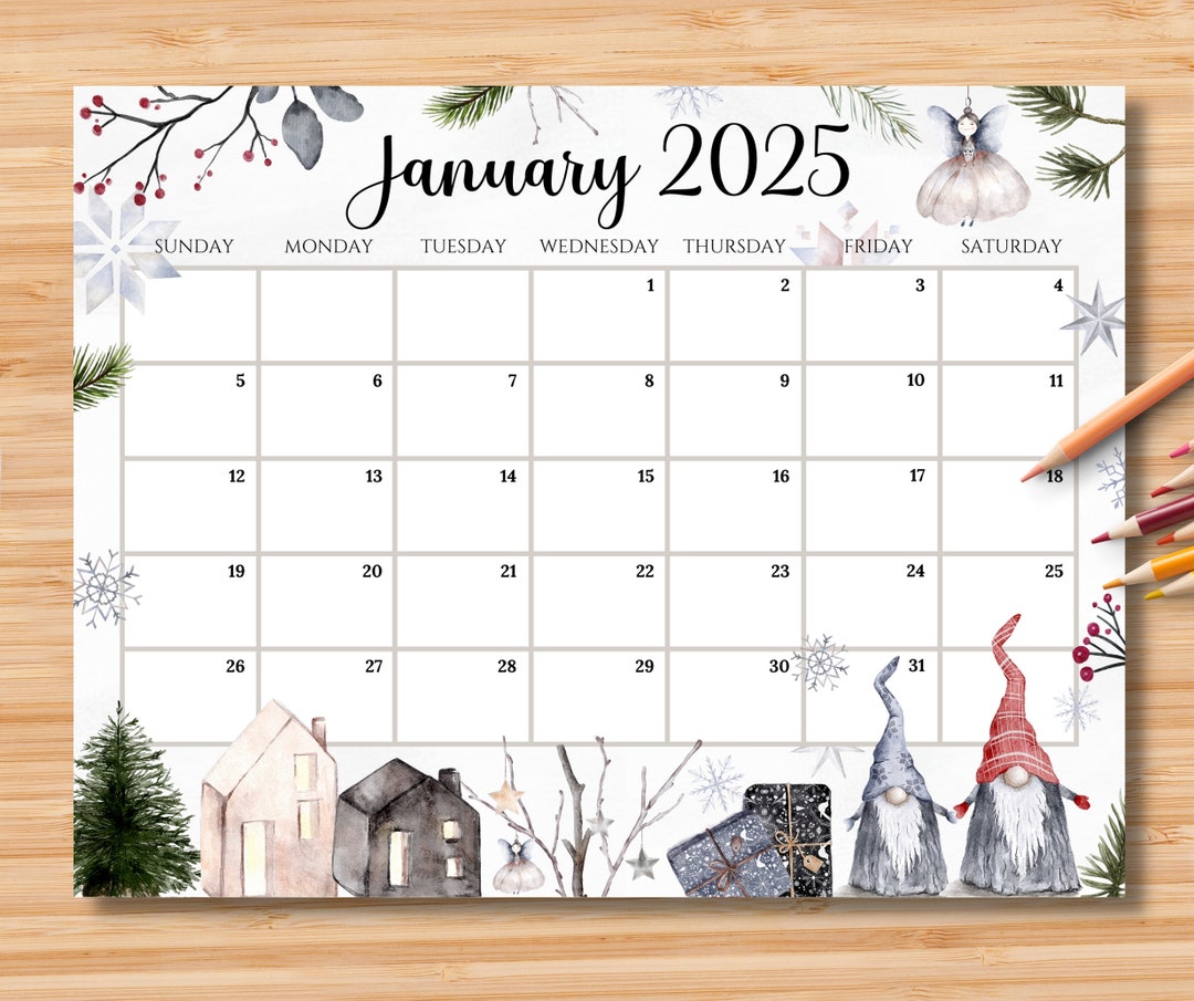 EDITABLE January 2025 Calendar, Beautiful Winter W/ Cute Gnomes