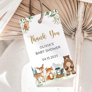 EDITABLE Woodland Baby Shower Favor Tag, Gender Neutral, Woodland Animal Thank you Tag, Woodland Theme Gift Tag Printable, Rectangle,Digital