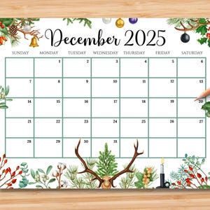 EDITABLE December 2025 Calendar, Gorgeous Christmas w/ Colorful Ornaments, Printable Monthly Planner for Kid School Home Work Office Digital