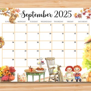 Calendario settembre 2025 MODIFICABILE, Bellissimo autunno con foglie gialle arancioni, Planner mensile stampabile per bambini, scuola, casa, ufficio, lavoro