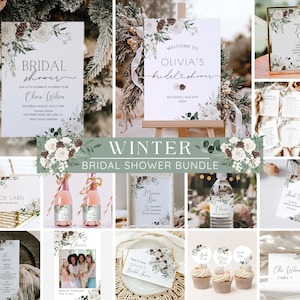 Paquete de invitaciones para despedida de soltera de invierno, plantilla de invitación rústica de pino para despedida de soltera navideña, paquete de juegos "Nieve enamorada", editable e imprimible.