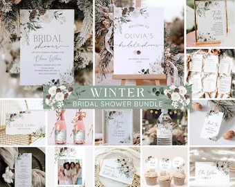 Einladungspaket für den Junggesellinnenabschied im Winterstil, Rustikale Einladungsvorlage im Kiefern-Weihnachtsstil, Spielpaket „Schnee in Liebe“, Bearbeitbar, Druckbar