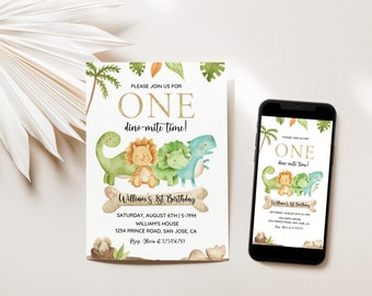 May include: A dinosaur-themed first birthday party invitation with a green, blue, and orange dinosaur illustration. The invitation says "Please join us for One dino-mite time!" and includes the details of the party, including the date, time, location, and RSVP information.