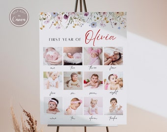 Wildflower First Birthday Photo Sign Template, Boho Wildflower First Birthday, 1st Birthday Photo Poster, Baby's First Year Poster Printable