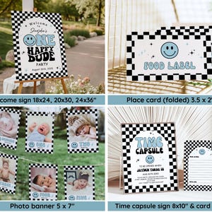 May include: A party decoration set with a black and white checkered pattern. Includes a welcome sign, food labels, photo banner, time capsule sign, and place cards. The signs feature a smiley face and the text "ONE HAPPY DUDE PARTY".