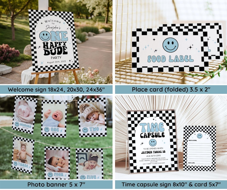 May include: A party decoration set with a black and white checkered pattern. Includes a welcome sign, food labels, photo banner, time capsule sign, and place cards. The signs feature a smiley face and the text "ONE HAPPY DUDE PARTY".