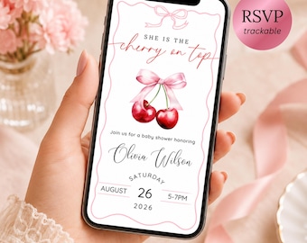 Cherry On Top Baby Shower Invitation, Editable Phone Invite Template, Digital RSVP Tracking Website, Canva Mobile Invite, Girl Baby Shower