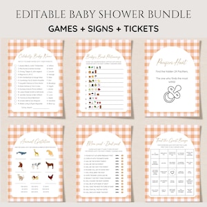 Pacote de jogos para chá de bebê Gingham, Pacote de jogos para chá de bebê Cutie Pie, Chá de bebê de outono, Gênero neutro, Jogos minimalistas editáveis, Para imprimir