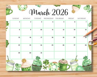 Calendrier de mars 2026 modifiable | Agenda mensuel PDF imprimable | Organiseur pour l'école, le travail, le bureau et la maison | Téléchargement instantané