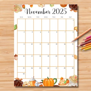 EDITABLE November 2025 Calendar (Vertical/Portrait), Cute Thanksgiving Planner, Monthly Schedule for Kids, School, Home, Work & Office