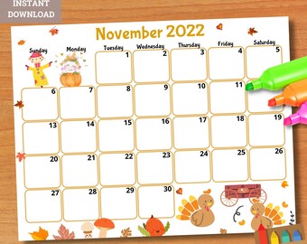 November 2022 Calendar Cute November Calendar | Etsy Ireland