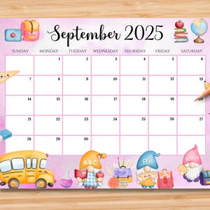 EDITABLE September 2025 Calendar, Back To School Planner with Cute Gnomes, Printable Classroom Calendar, Kids School Homeschool Schedule