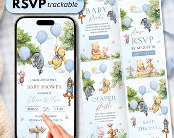 Winnie the Pooh Baby Shower Website Invitation, Online RSVP Digital Invite, Boy Baby Shower, Editable Canva Template, Instant Download