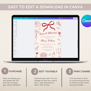 May include: A laptop displays a baby shower invitation template with red illustrations of food and drinks. The text reads "Special Delivery" and includes details for Olivia Wilson's baby shower. Instructions for purchase, editing, and printing are also shown.