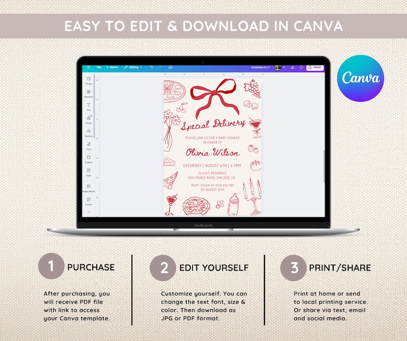 May include: A laptop displays a baby shower invitation template with red illustrations of food and drinks. The text reads "Special Delivery" and includes details for Olivia Wilson's baby shower. Instructions for purchase, editing, and printing are also shown.