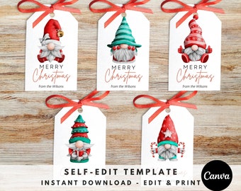 May include: Five printable gift tags featuring illustrations of gnomes wearing festive Christmas attire. Each tag has the text "Merry Christmas" and "from the Wilsons".