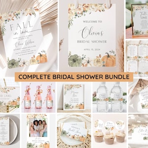 Fall in Love Bridal Shower Bundle, Autumn Bridal Shower Invitation & Games, Floral Pumpkin Wedding Shower Decor, Editable Canva Template