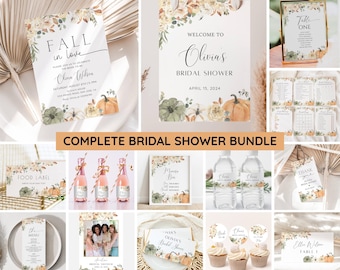 Fall in Love Bridal Shower Bundle, Autumn Bridal Shower Invitation & Games, Floral Pumpkin Wedding Shower Decor, Editable Canva Template